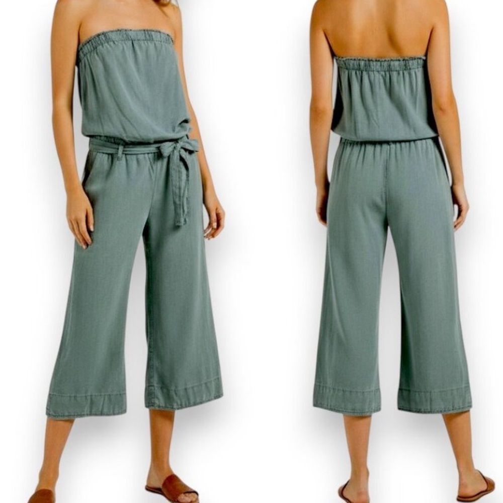 Cloth & Stone Anthro Frayed Strapless Belted Jumpsuit Sage Sz S Effortless Airy